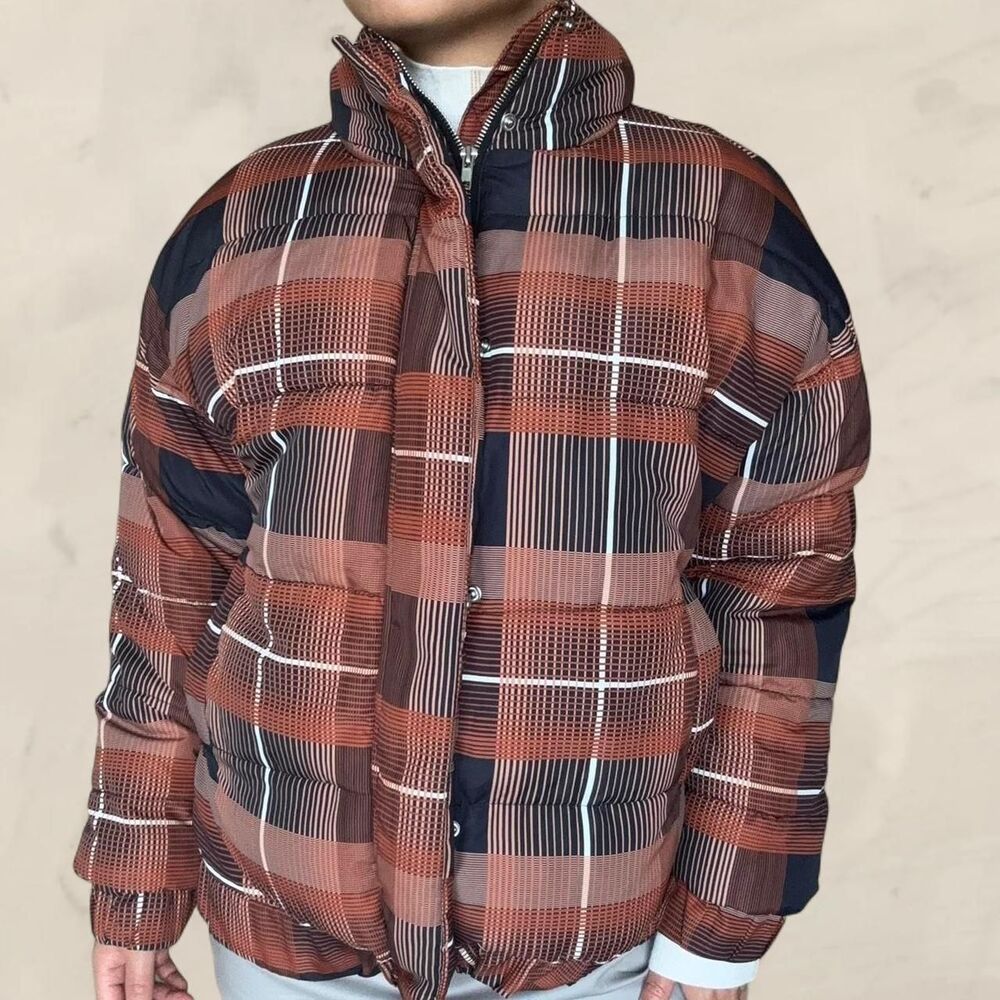 Anthropologie sparkz Copenhagen plaid puffer jacket boxy size small brown